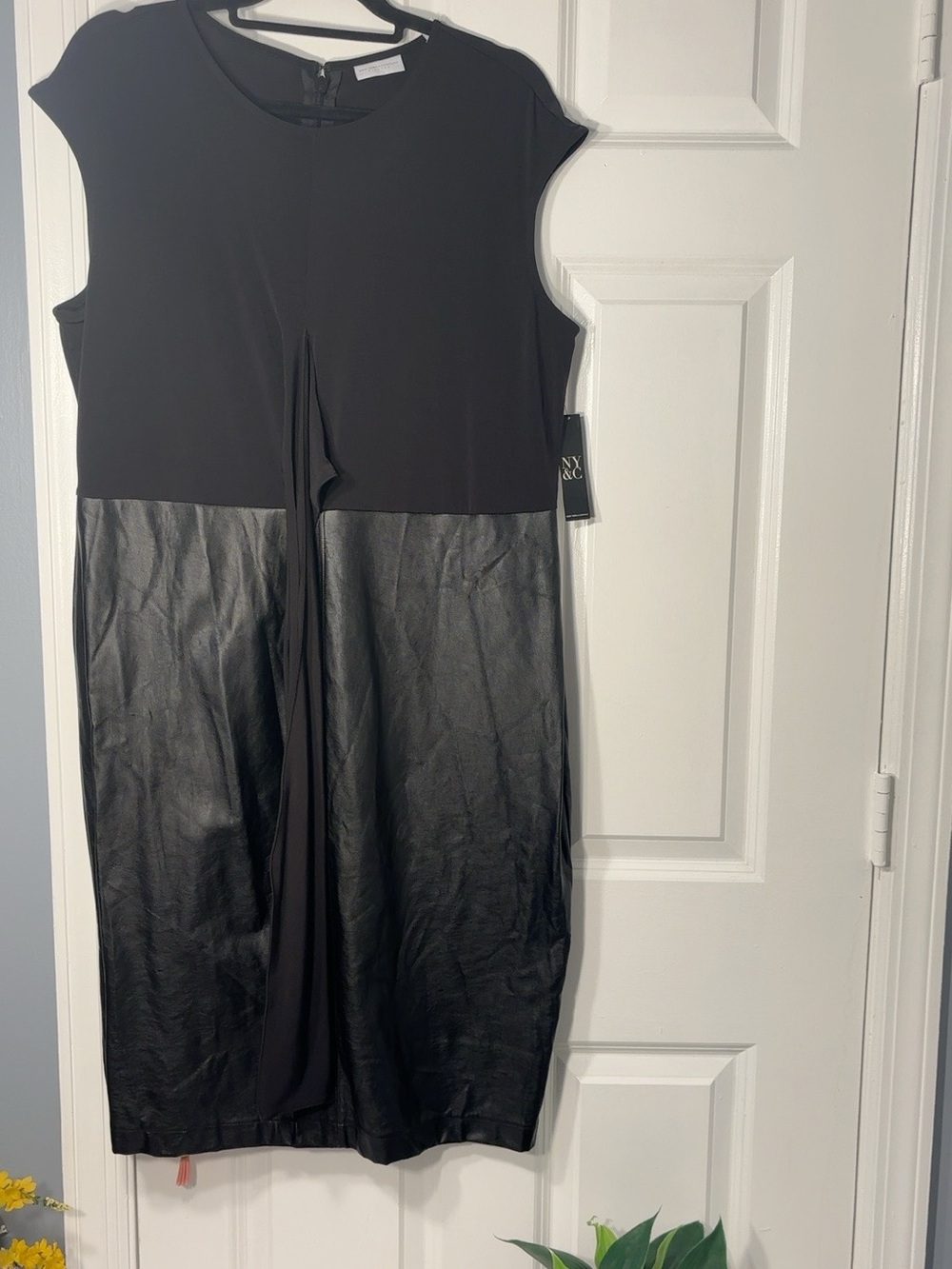 New York & Company Black Cap-Sleeve Dress with Faux-Leather Skirt